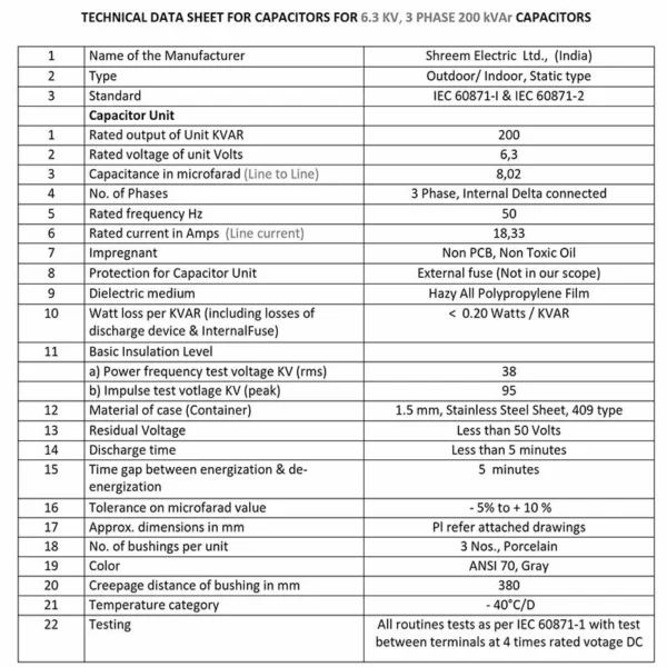 خازن سه فاز فشار متوسط روغنی ۶.۳ کیلوولت ۲۰۰ کیلووار شریم Shreem - مشخصات